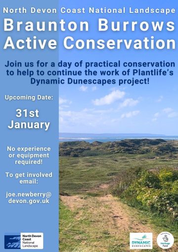 Poster for Braunton Burrows practical conservation event. Showing an image of the dunes.